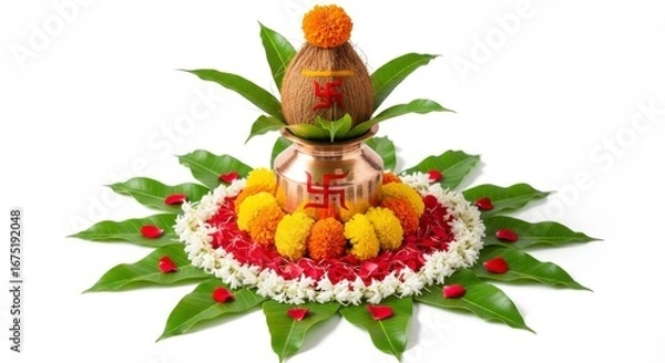 Fototapeta A traditional hindu ritual setup with coconut, pot, flowers, and mango leaves on white
