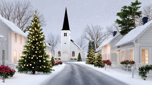 Obraz Snow falling on idyllic village with christmas trees and church during winter holidays