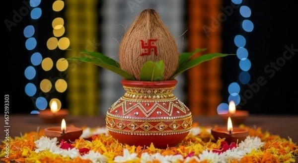 Fototapeta A decorated kalash with coconut and swastika surrounded by flowers and lit diyas on table