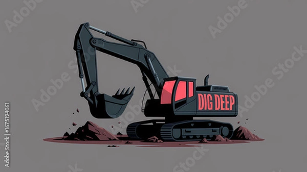 Fototapeta Menacing industrial excavator depicted as an evil character, symbolizing destruction in a flat art style.