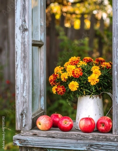 Obraz Autumn Flowers & Apples on Windowsill