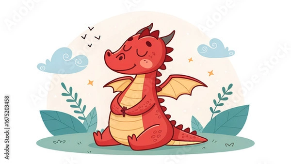 Fototapeta Cute red dragon sitting peacefully in a whimsical landscape with clouds and stars illustration art