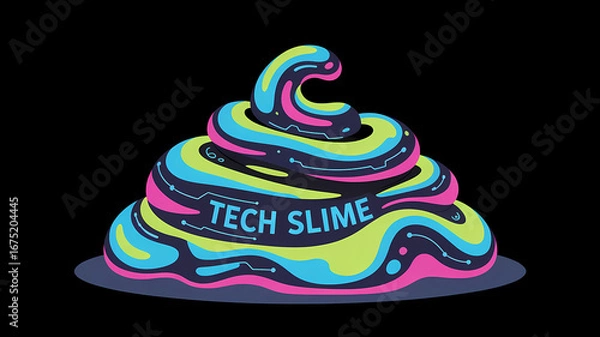 Fototapeta  Abstract swirling tech slime with glowing neon colors and digital circuit patterns, flat art illustration.