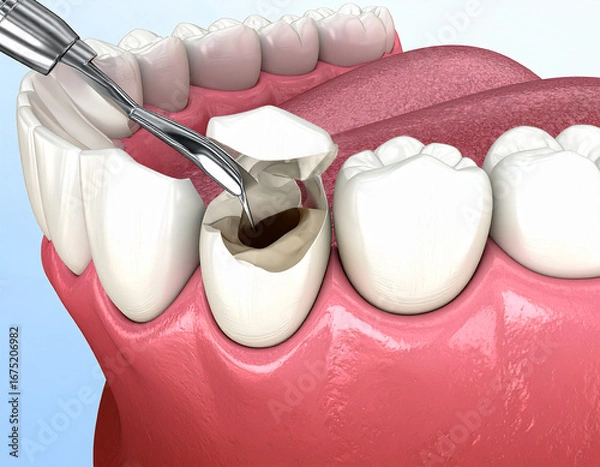 Fototapeta Extraction of Molar tooth damaged by caries. Medically accurate tooth 3D illustration.teeth, ache, dental, dentistry, human, lose, pain, problem, recovery, sick, surgery, denture, molar, Generative AI