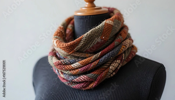 Obraz Warm-toned striped scarf wrapped in layers around a black sweater, 4K and HD image