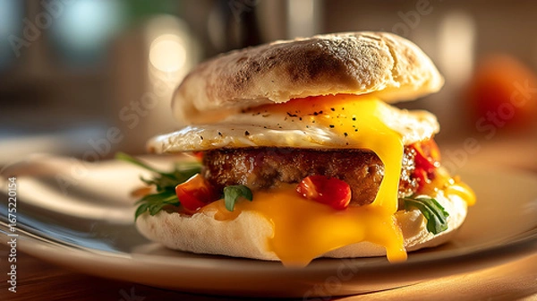 Fototapeta English muffin breakfast sandwich with sausage and cheese, concept of fast food
