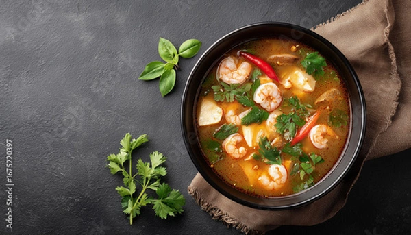 Fototapeta delicious bowl of Tom Yum Goong, a spicy Thai soup with shrimp, lime, and herbs on a dark rustic table.
