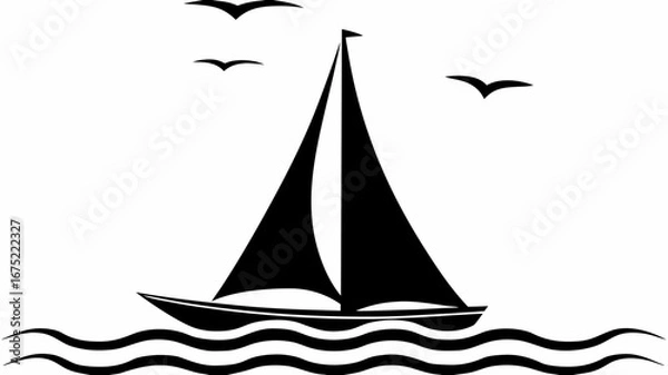 Fototapeta Silhouette of a sailboat on wavy water with three birds flying above in a black and white illustration