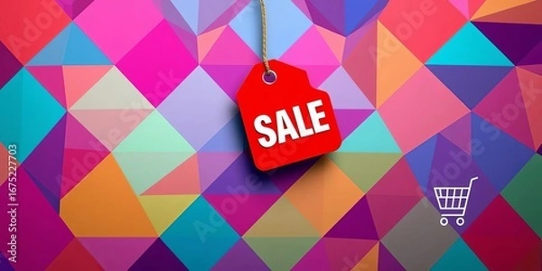 Fototapeta Memphis style banner with sale tag and shopping cart icons on vibrant geometric background, template, marketing