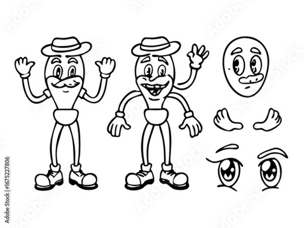 Obraz Set of vintage mascot elements. Line icons of arms, legs and facial expressions to create character in 30s style. Retro body parts. Cartoon outline vector collection isolated on white background.icon