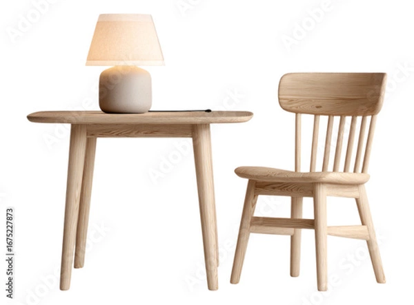 Fototapeta Isolated Wooden Table and Chair with Lamp on Surface