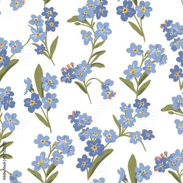 Fototapeta Seamless pattern featuring blue forget-me-not flowers with green leaves on a white background.
