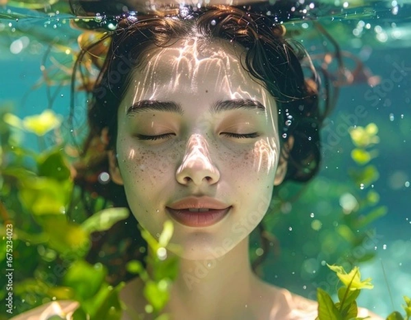 Fototapeta A photorealistic underwater portrait of a woman with aquatic plants, peaceful facial expression, gentle bubbles around, cinematic lighting, high-resolution fine art photography style.