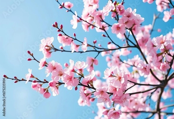 Fototapeta Pink cherry blossoms bloom on tree branches against a vibrant blue sky, creating a dreamy spring scene,  soft,  petals