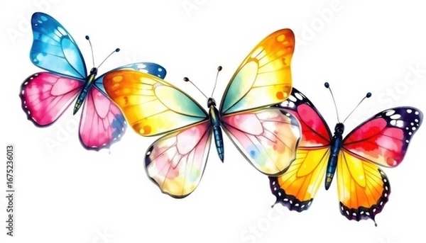 Fototapeta Vibrant watercolor painting of four colorful butterflies in flight with delicate wings and splashes of color