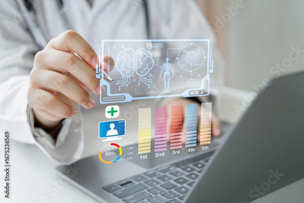 Fototapeta Medicine doctor use laptop to review patient medical records on virtual screens for digital healthcare. Review medical reports carefully and diagnose illnesses for an effective treatment plan.