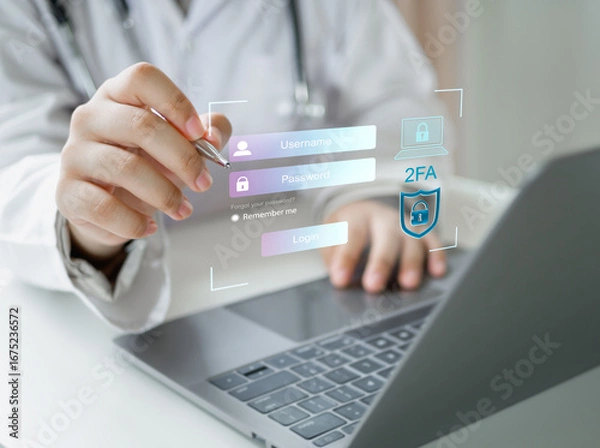 Fototapeta Medicine doctor using laptop for two-factor authentication (2FA) with data protection icons. Concept of secure login, cybersecurity, password security, identity verification, and online privacy