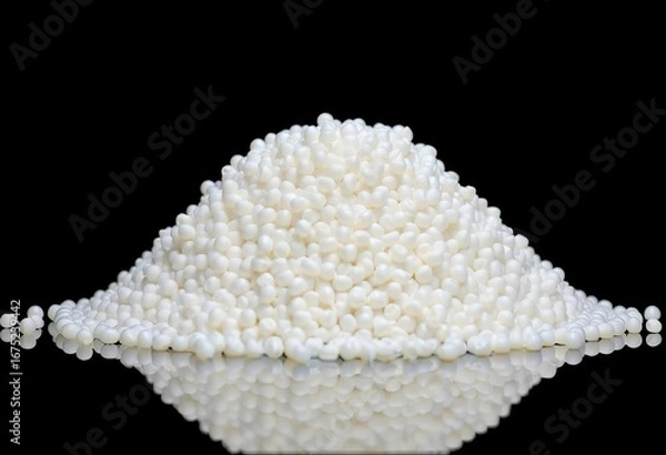 Fototapeta A mound of white polypropylene pellets sits on a reflective surface against a black backdrop,  pile,  white