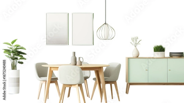 Obraz Round wooden modern dining table in room interior isolated on white background