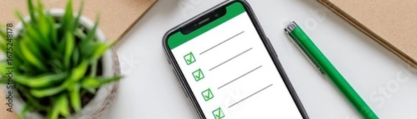 Fototapeta Mobile phone checklist, streamlining tasks, enhancing productivity, and achieving goals.
