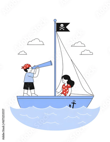 Obraz Two children enjoy a pirate adventure on a sailboat in the ocean.