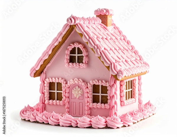 Fototapeta A charming gingerbread house covered in smooth pink frosting and decorative icing swirls