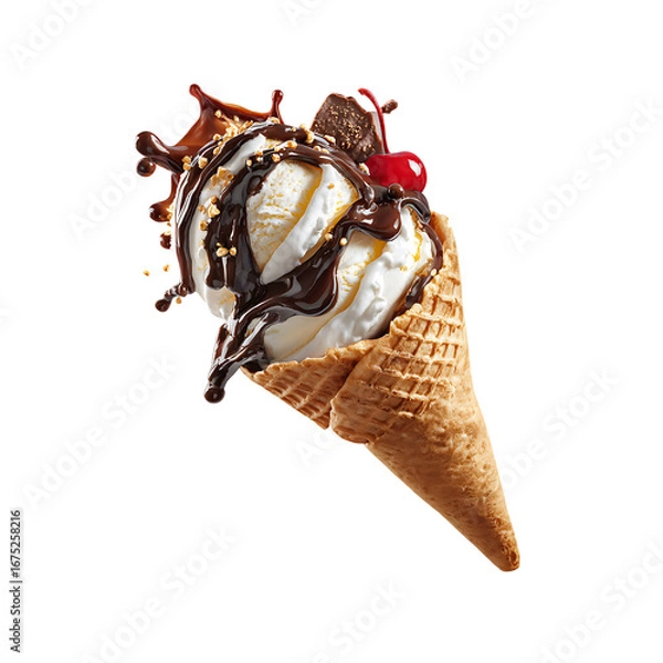 Fototapeta melting vanilla ice cream cone with waffle isolated on a transparent background, in a PNG format
