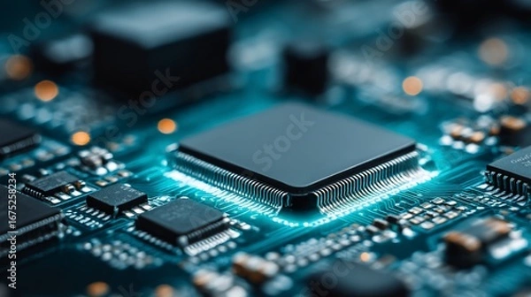 Fototapeta Close-up of Modern Computer Circuit Board with Microchip and Electronic Components