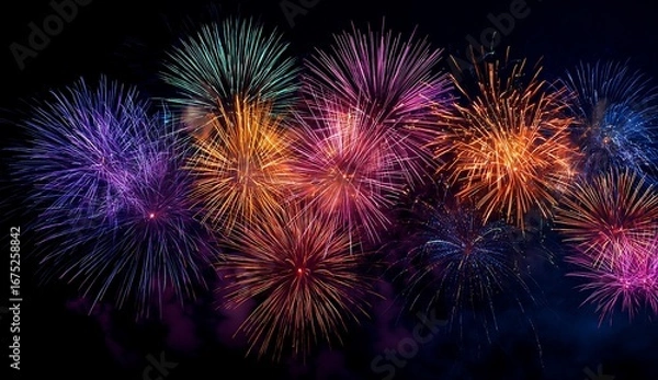 Fototapeta Colorful Fireworks Display Brightly Exploding in Night Sky for Celebration