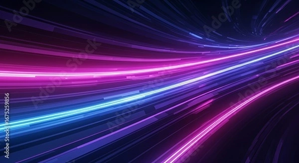 Fototapeta Futuristic abstract background with glowing neon light streaks in blue, purple, and pink. Dynamic forward motion effect, vibrant contrast, smooth gradient, and immersive depth.