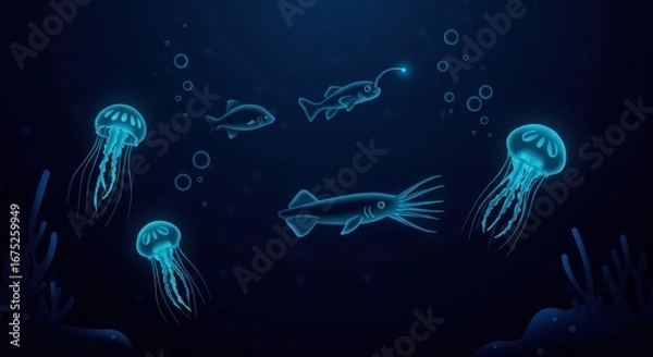 Obraz Illustration of glowing jellyfish squid and fish swimming in the deep blue sea with bubbles around them