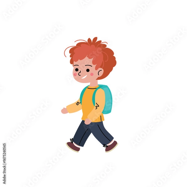 Fototapeta Happy cartoon boy with curly hair walking with a backpack. Flat vector illustration of a smiling school child, perfect for educational materials, back-to-school themes, or children’s design projects.