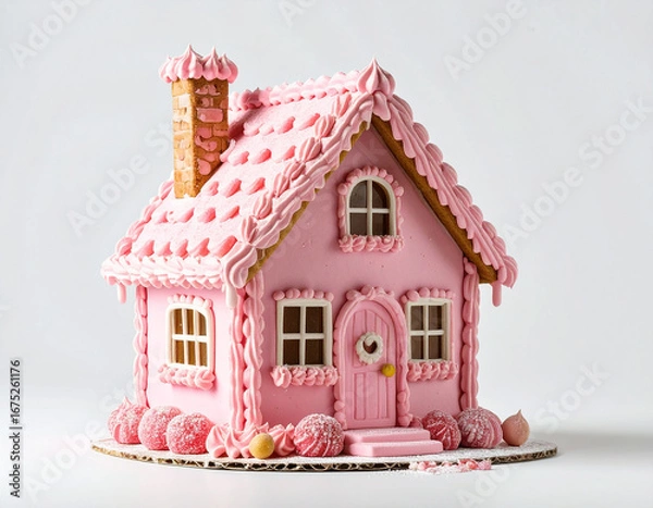 Fototapeta A pink gingerbread house decorated with elaborate frosting swirls and sugar-dusted candies.