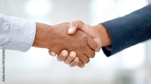 Fototapeta Business Partners Shaking Hands in Office Setting with Neutral Background
