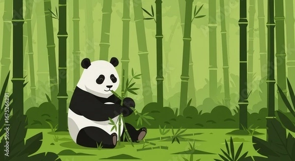 Obraz A cartoon panda sitting and eating bamboo shoots in a dense bamboo forest illustration scene backdrop
