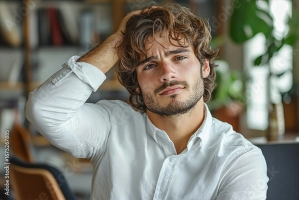 Obraz Tired young man sitting at his desk in the office, massaging his neck with his hand, feeling severe pain and tension, indicating the physical strain of work or stress, Generative AI