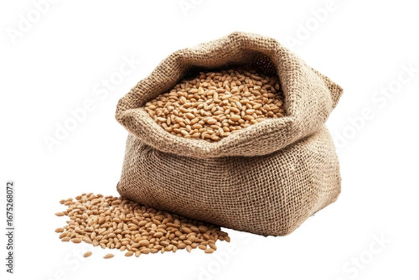 Fototapeta Wheat grain spilling from burlap bag showcasing the rich texture and color of grains in a bright setting
