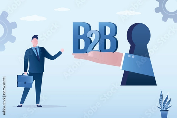 Fototapeta Partner hand give B2B to happy businessman. Business deal. Successful negotiations and agreement. b2b, business to business, concept. New startup or project.