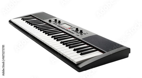 Obraz Black and white piano keyboard with isolated lighting captures digital music device. For product photography, advertising campaigns, and musical posters.