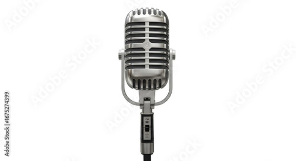 Obraz Silver vintage microphone stands against black, captures classic broadcast style. Ideal for product design, music promotion, or vintage posters.