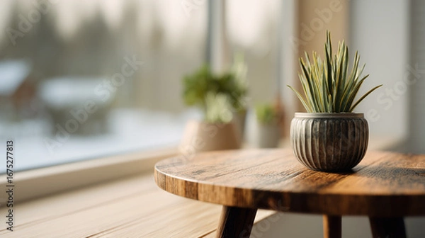 Fototapeta Decorative plant in a textured pot placed on a rustic wooden table near a large window. Bright natural light highlights the cozy and inviting indoor ambiance, showcasing a blend of nature and design.