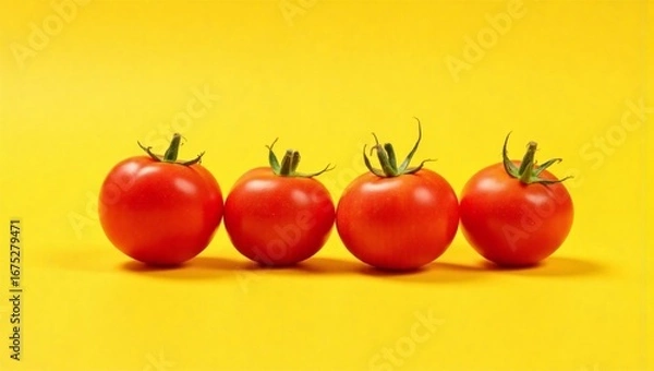 Fototapeta Four red tomatoes on yellow background