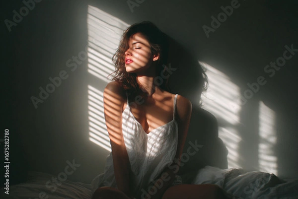 Fototapeta Elegant female posing on a bed with natural sunlight creating a dramatic light effect, ideal for editorial, beauty, and wellness concepts.