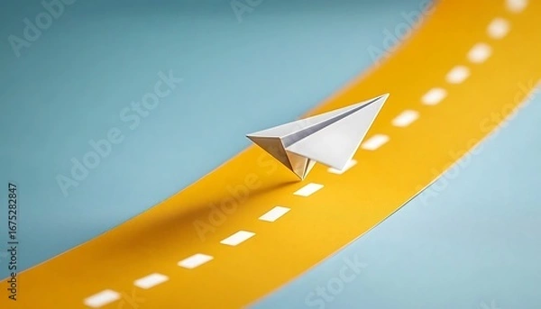 Obraz A paper airplane and a route to the goal. The symbol of fast movement to the intended goal 