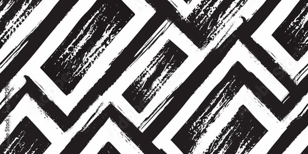 Fototapeta Abstract black and white geometric pattern with textured brush strokes creating a modern zigzag design