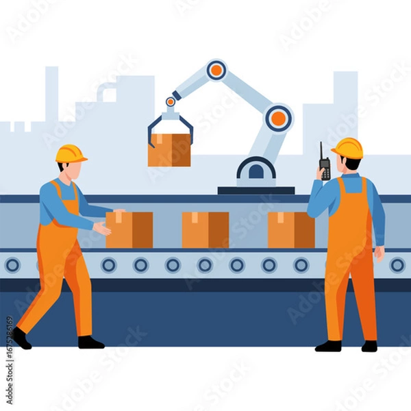 Obraz Illustration of workers and a robotic arm on a conveyor belt, symbolizing factory automation, manufacturing, and industrial logistics.