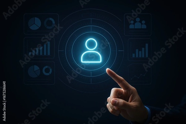 Fototapeta Digital Interface of User Profile: A person's fingertip interacts with a futuristic interface, highlighting a user icon amidst statistical representations of data.