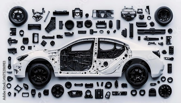 Obraz A white car surrounded by various disassembled black parts is arranged neatly on a surface. Concept: Disassembled vehicle components