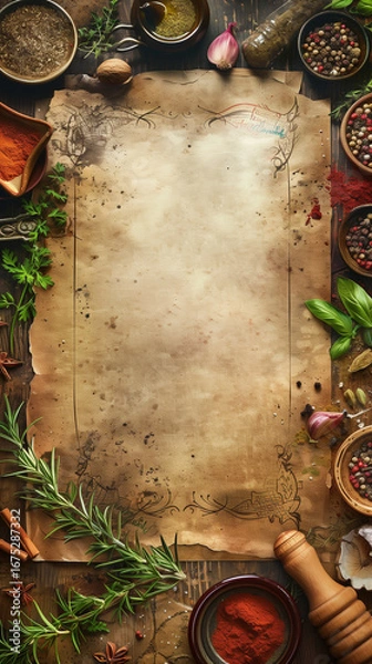 Obraz Old paper sheet surrounded by herbs, basil, rosemary and colorful spices,  for vintage culinary recipe or menu background concept - vertical background