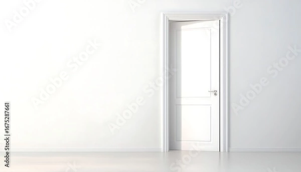Obraz White half-open door and white wall with copy space leading to luminous unknown place 